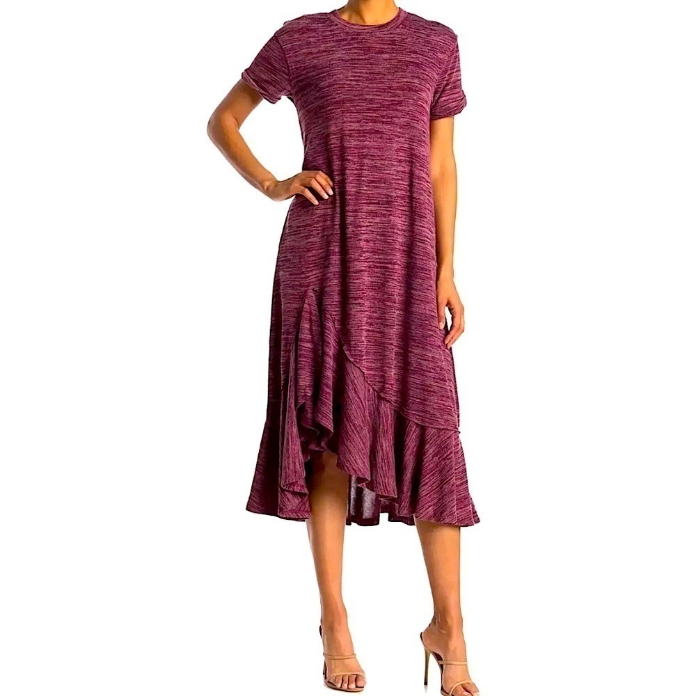 STITCHDROP Beet Red Melange Knit Crew Neck Flounce Ruffle Hem Dress S NORDSTROM